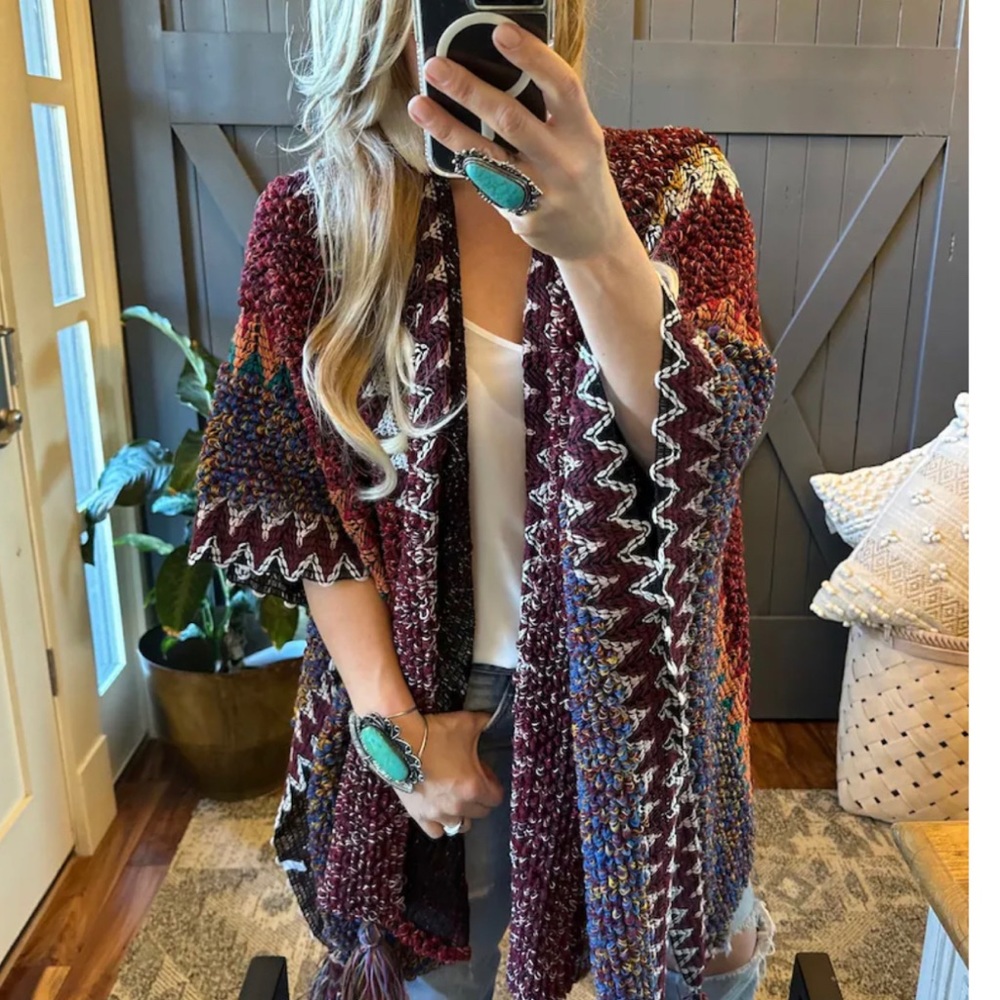 New Bohemian Loom Moroccan Knit Tasseled Handmade Poncho Cardigan Sweater - Picture 4 of 10